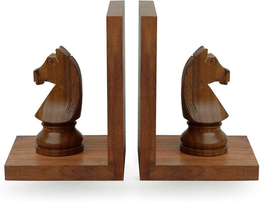 Hand-Carved Chess Knight Walnut Bookends